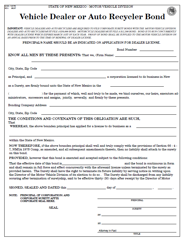 New Mexico auto dealer bond form