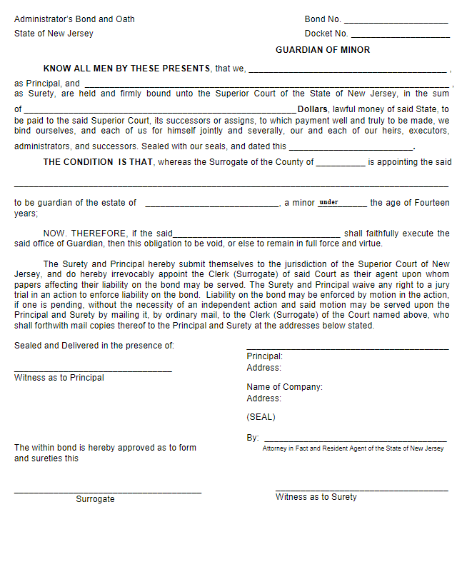 New Jersey Guardian Bond Form