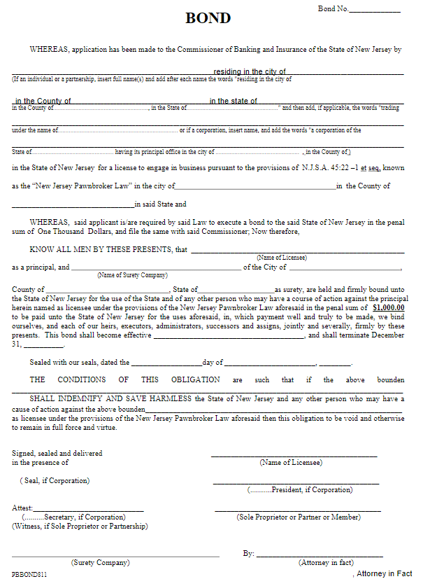 New Jersey Pawnbroker Bond Form