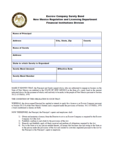 New Mexico Escrow Company Bond Form