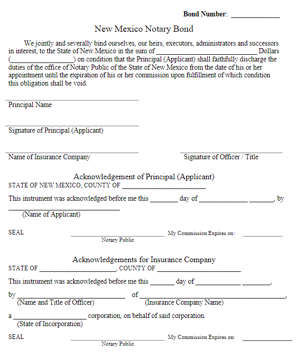 New Mexico Notary Public Bond Form