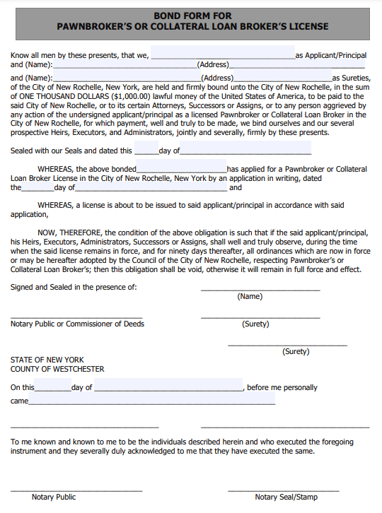 New Rochelle Pawnbroker Bond Form