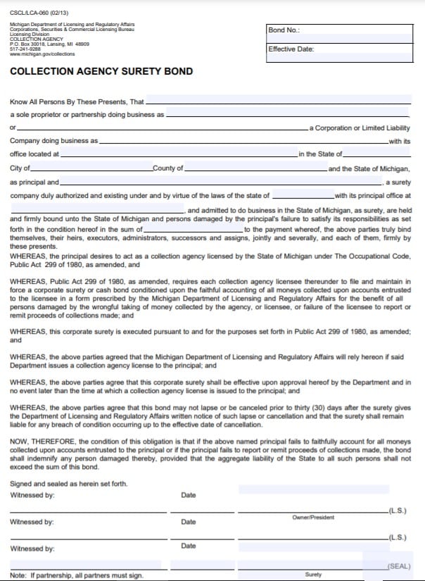 Michigan Collection Agency Bond Form