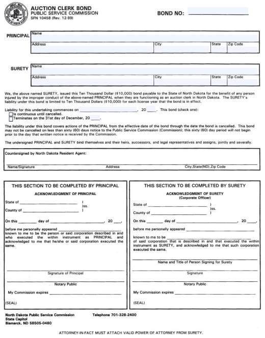 North Dakota Auction Clerk Bond Form