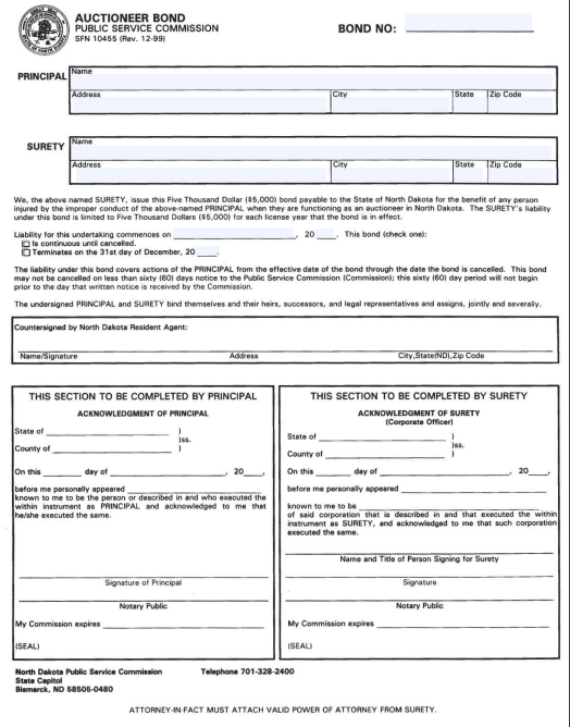 North Dakota Auctioneer Bond Form