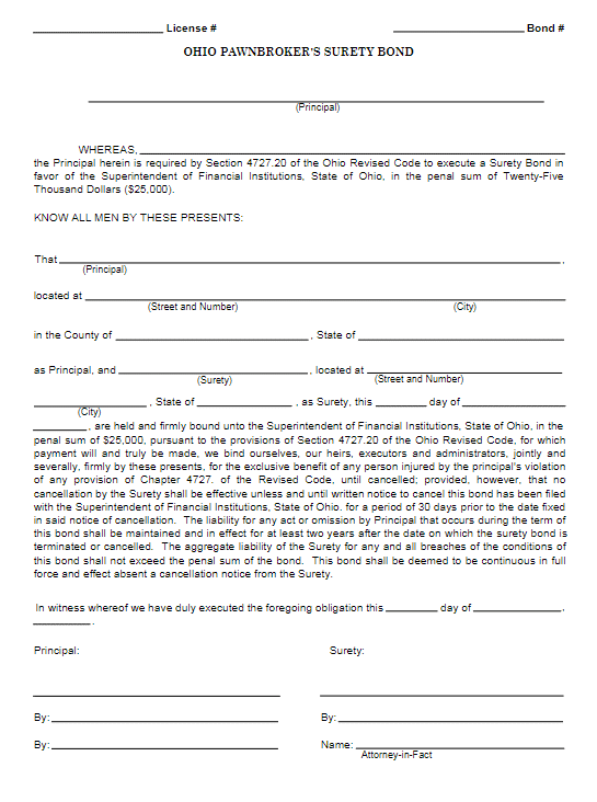 Ohio Pawnbroker Bond Form