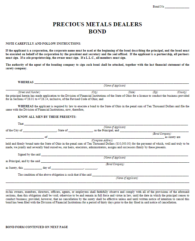 Ohio Precious Metal Dealer Bond Form