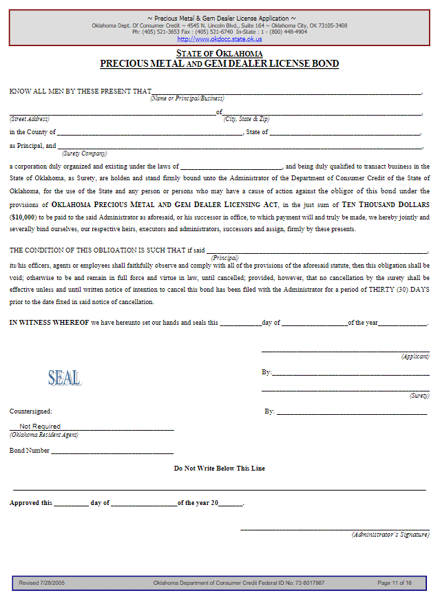 Oklahoma Precious Metal Dealer Bond Form