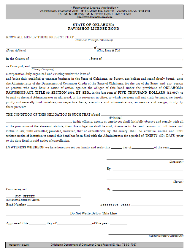 Oklahoma Pawnbroker Bond Form