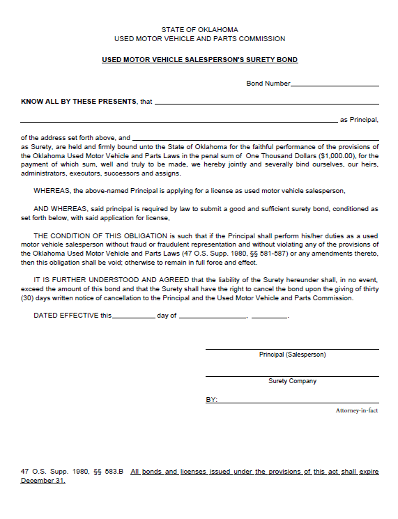 oklahoma auto dealer bond