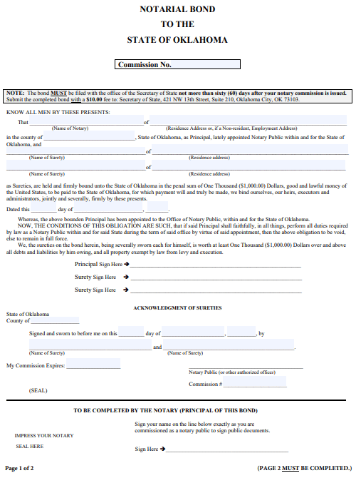 Oklahoma Notary Public Bond Form