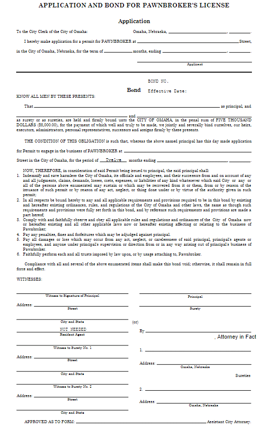 Omaha Pawnbroker Bond Form