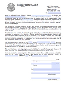 Oregon Escrow Agent Bond Form