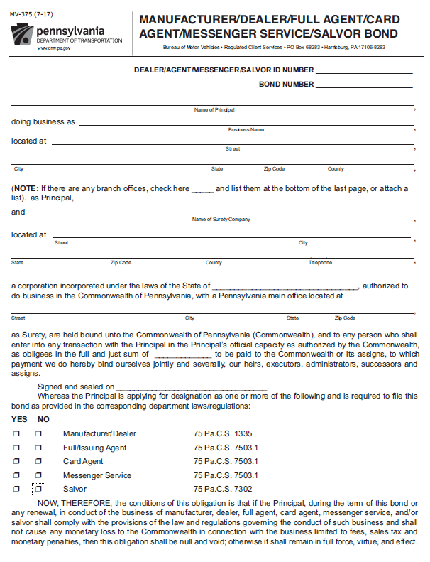 pennsylvania auto dealer bond form