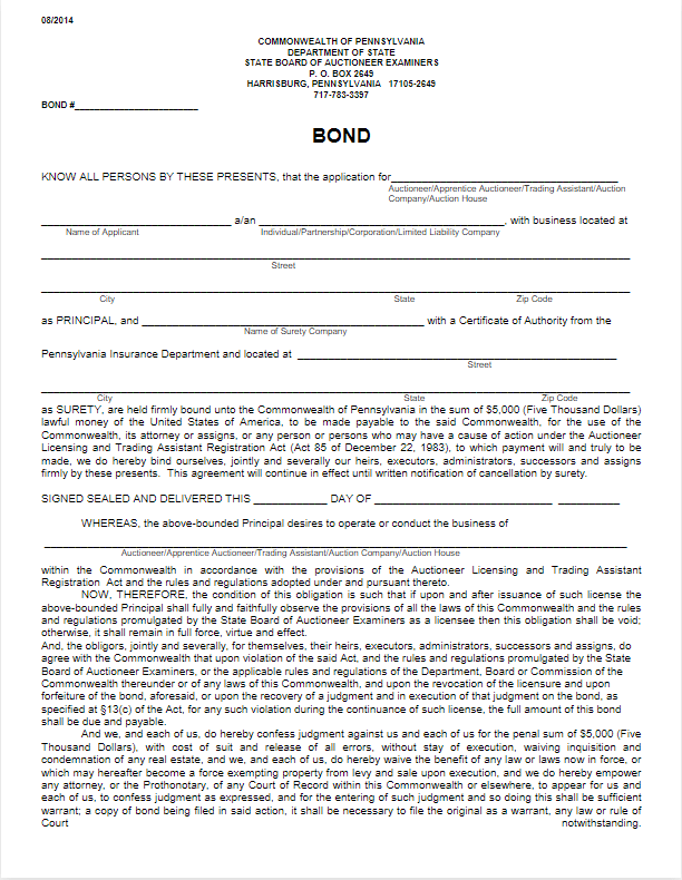 Pennsylvania Auctioneer Bond Form