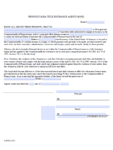 Pennsylvania Title Insurance Agent Bond Form