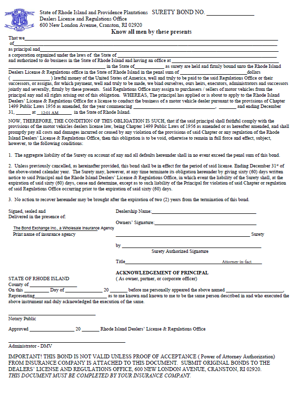 Rhode Island auto dealer bond form