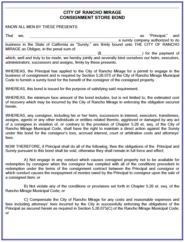 Rancho Mirage Consignment Store Bond Form