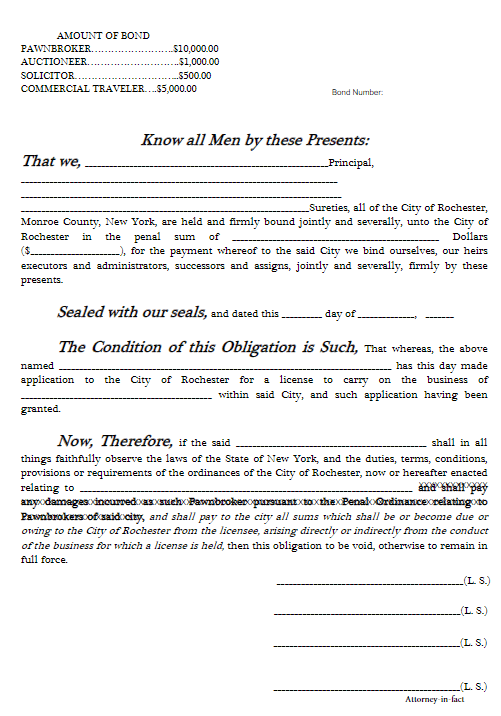 Rochester Auctioneer Bond Form