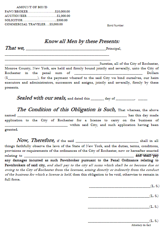 Rochester Pawnbroker Bond Form