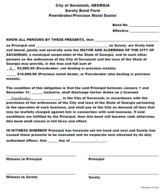 Savannah Pawnbroker Bond Form