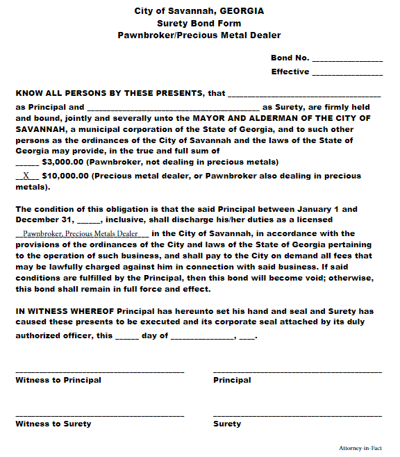 Savannah Precious Metal Dealer Bond Form