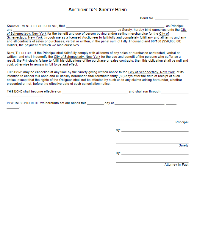 Schenectady Auctioneer Bond Form