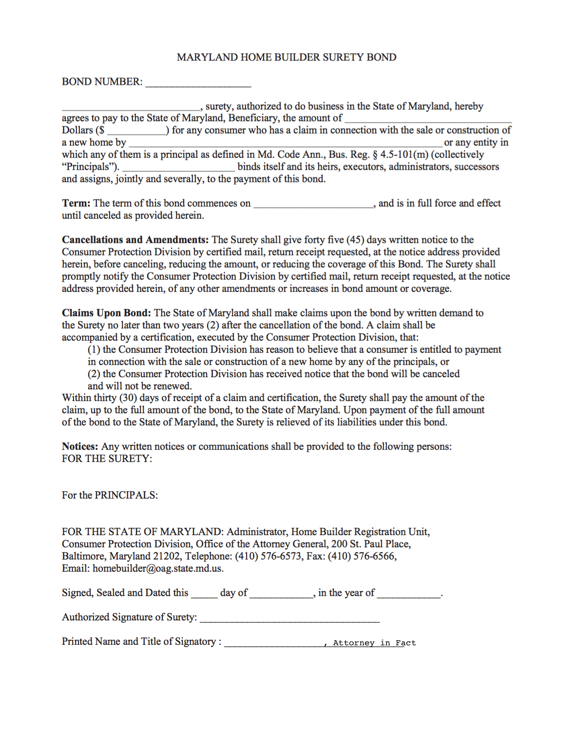 Maryland Home Builder Bond Form