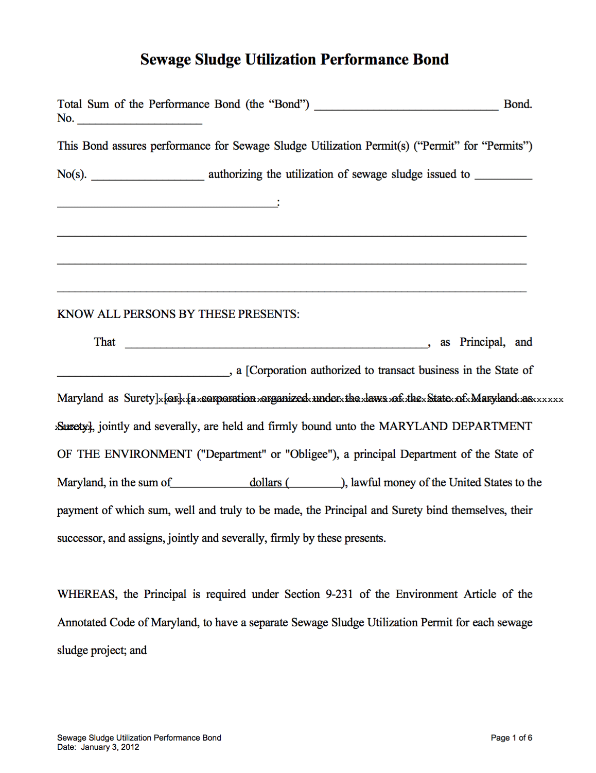 Maryland Sewage Sludge Utilization Performance Bond Form