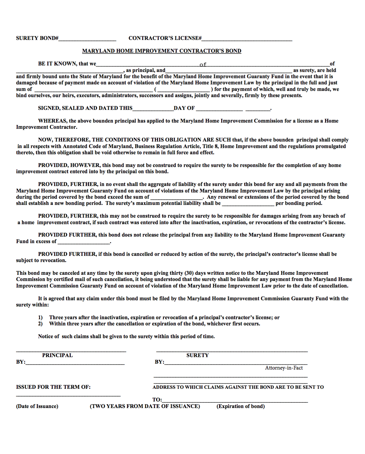 Maryland Home Improvement Contractor Bond Form