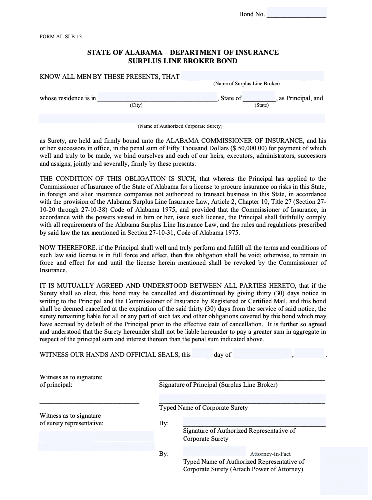 Alabama Surplus Line Broker Bond Form