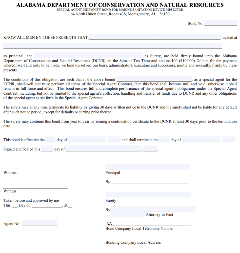 Alabama Marine Sanitation Device Inspector Bond Form
