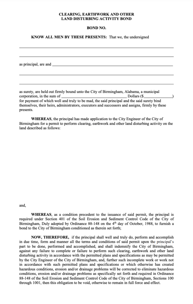 Birmingham Land Disturbing Activity Bond Form