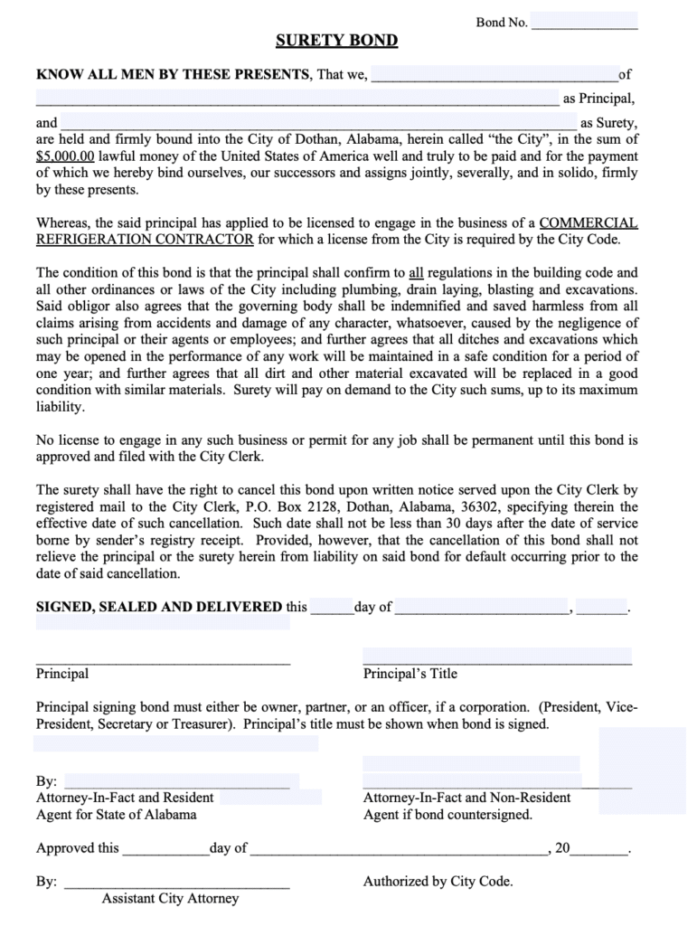 Dothan Commercial Refrigeration Contractor Bond Form
