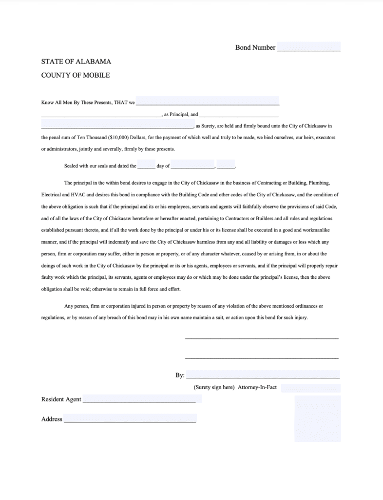 Chickasaw Contractor License Bond Form