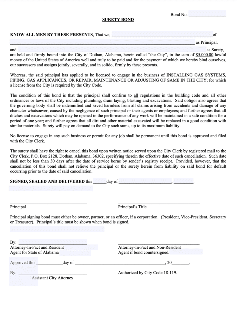 Dothan Gas System, Piping, or Appliance Installation Bond Form
