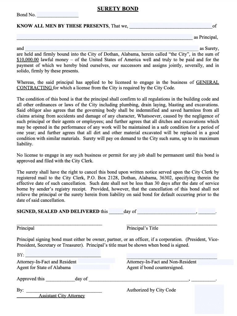 Dothan General Contractor Bond Form