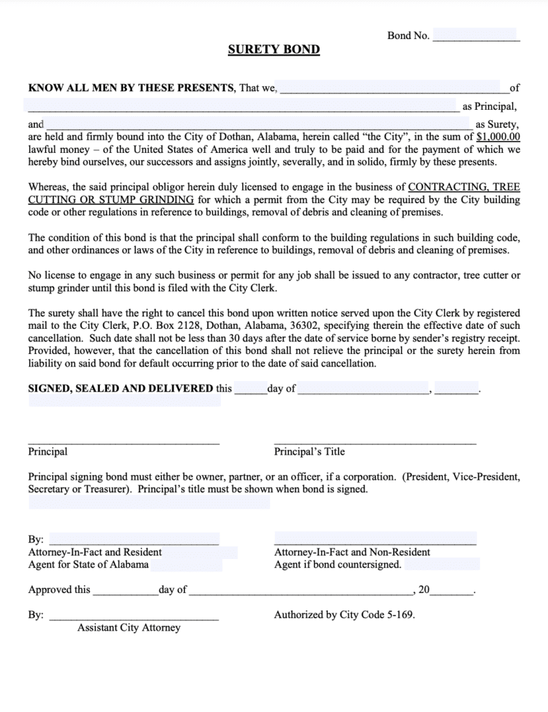 Dothan Tree Cutting Bond Form