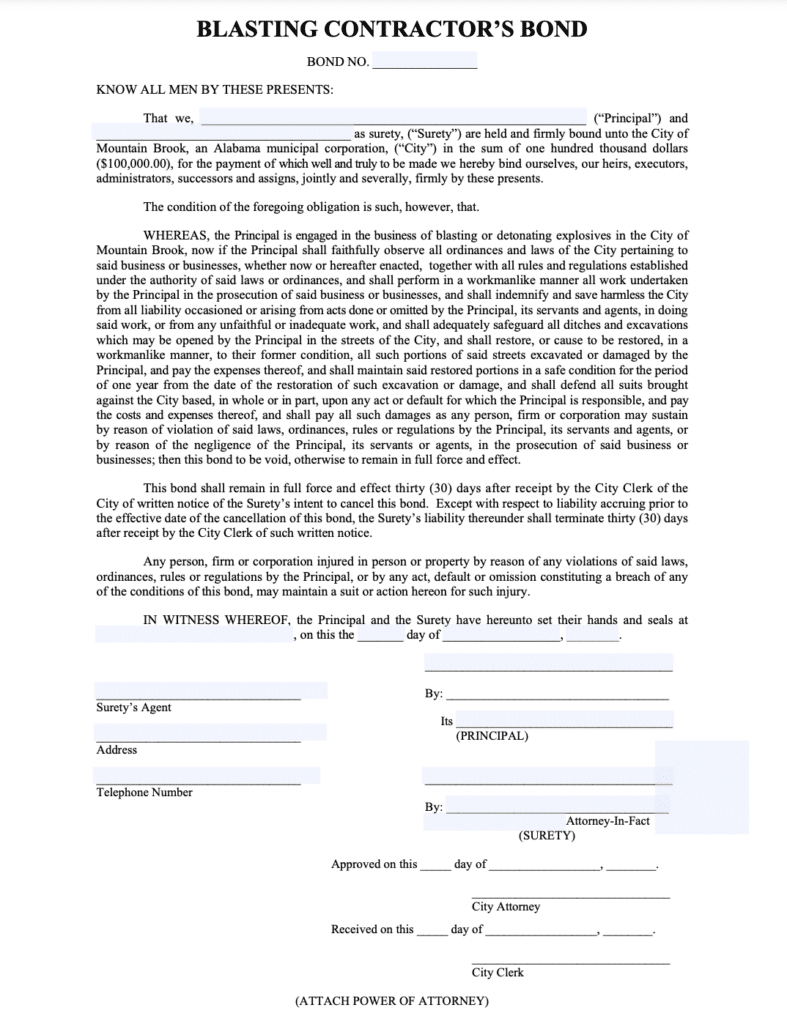 Mountain Brook Blasting Contractor Bond Form