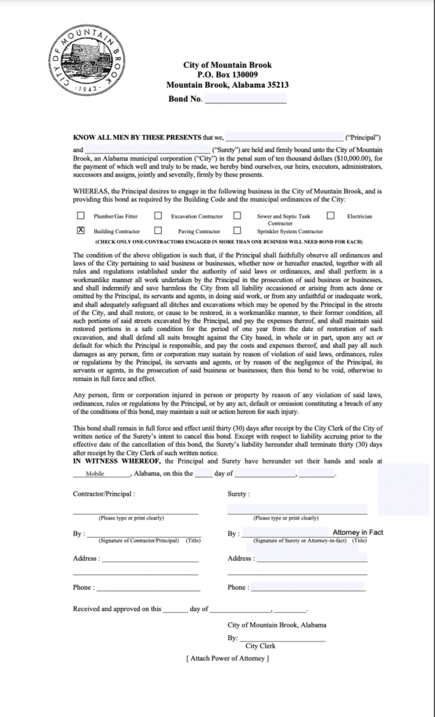 Mountain Brook Building Contractor Form