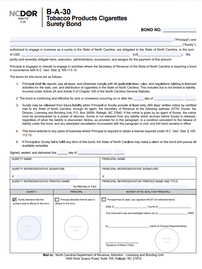 North Carolina Cigarette Distributor Tax Bond Form