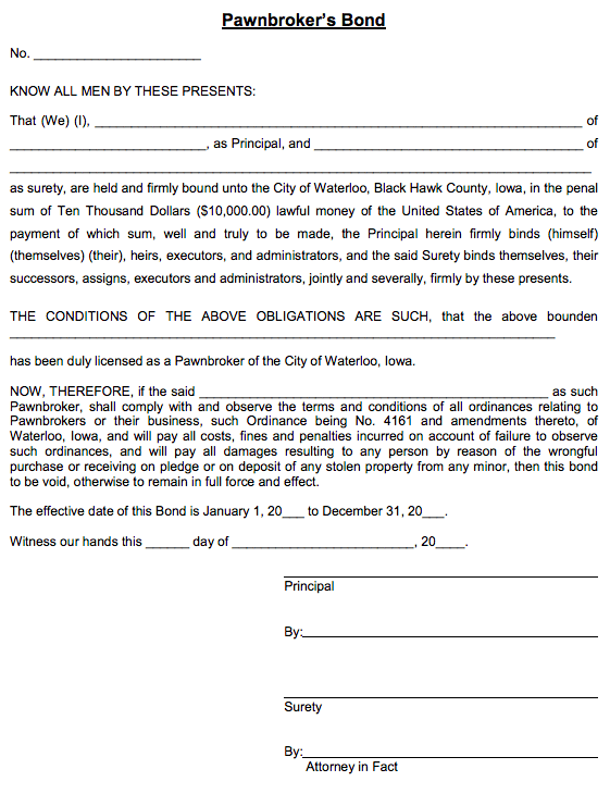 Waterloo Pawnbroker Bond Form