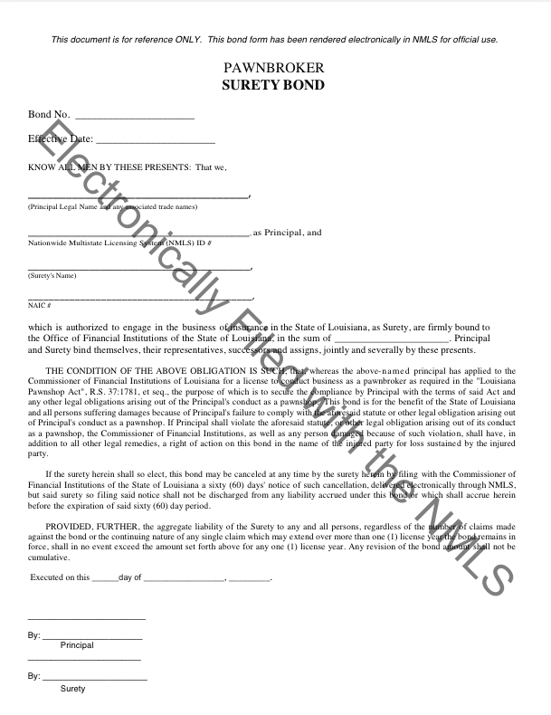 Louisiana Pawnbroker Bond Form