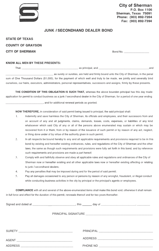 Sherman Junk/Secondhand Dealer Bond Form