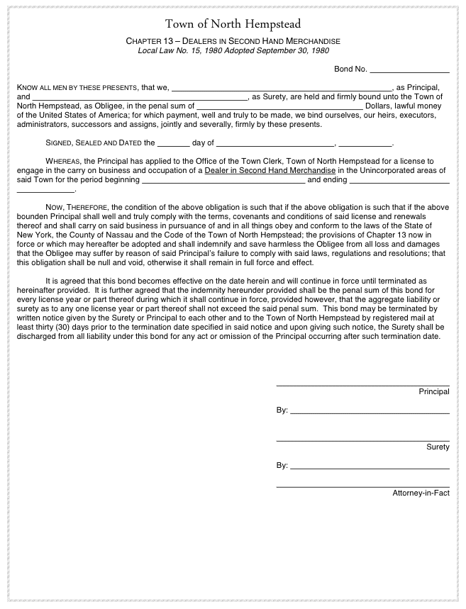 North Hempstead Secondhand Dealer Bond Form