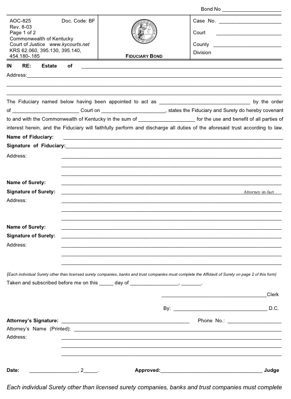 Kentucky Conservator Bond Form