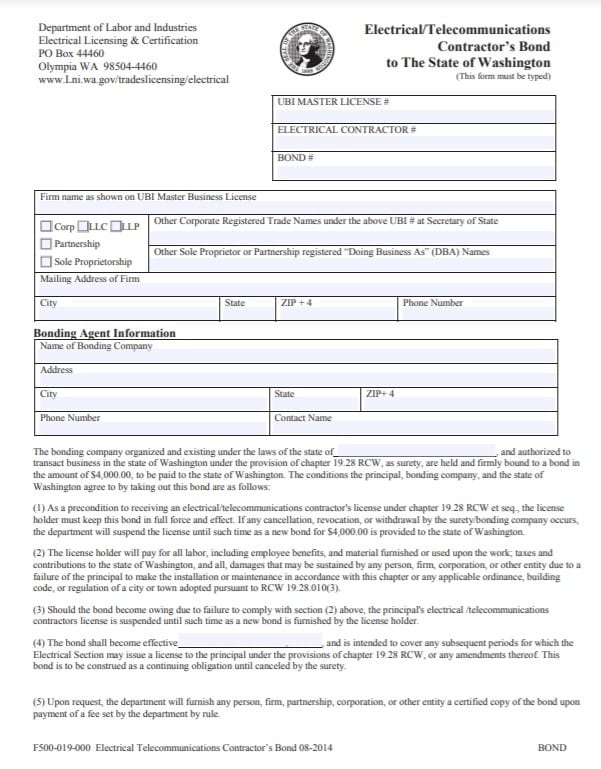 Washington Electrical/Telecommunications Contractor Bond Form