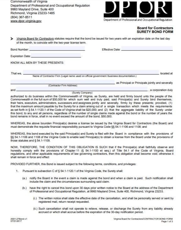 Virginia Contractor License Bond Form