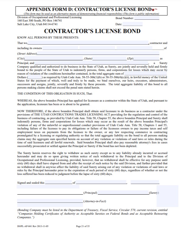 Utah Contractor License Bond Form