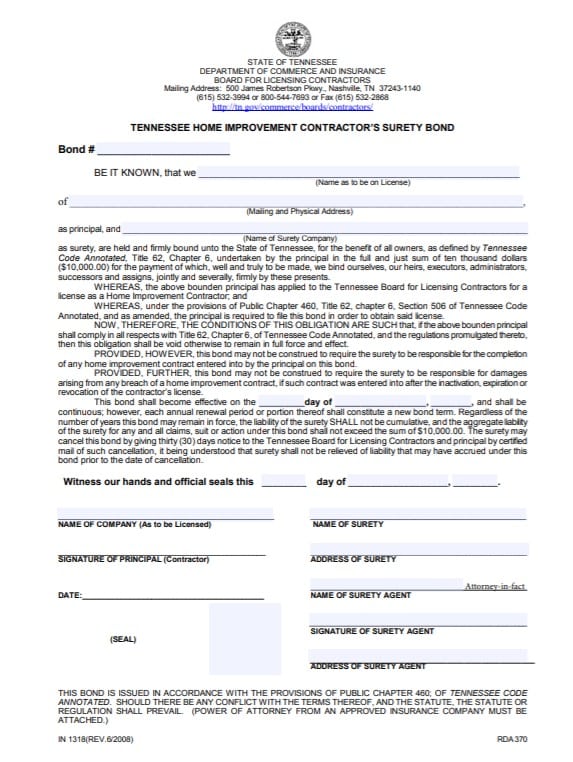 Tennessee Home Improvement Contractor Bond Form